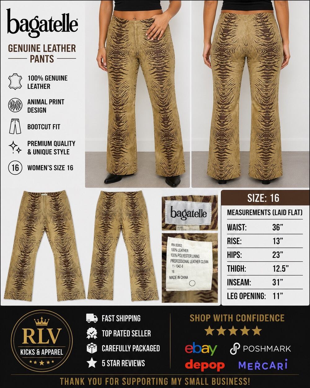 Bagatelle 100% Leather Zebra Print Bootcut Pants Women’s Size 16 Tan Brown
